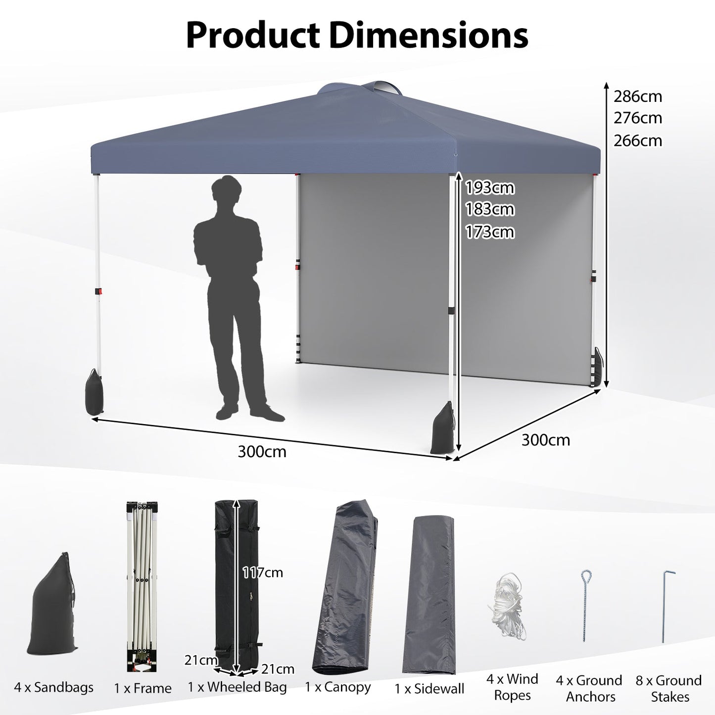 3 x 3 m Pop up Canopy Tent with 1 Sidewall Wheeled Bag-Grey