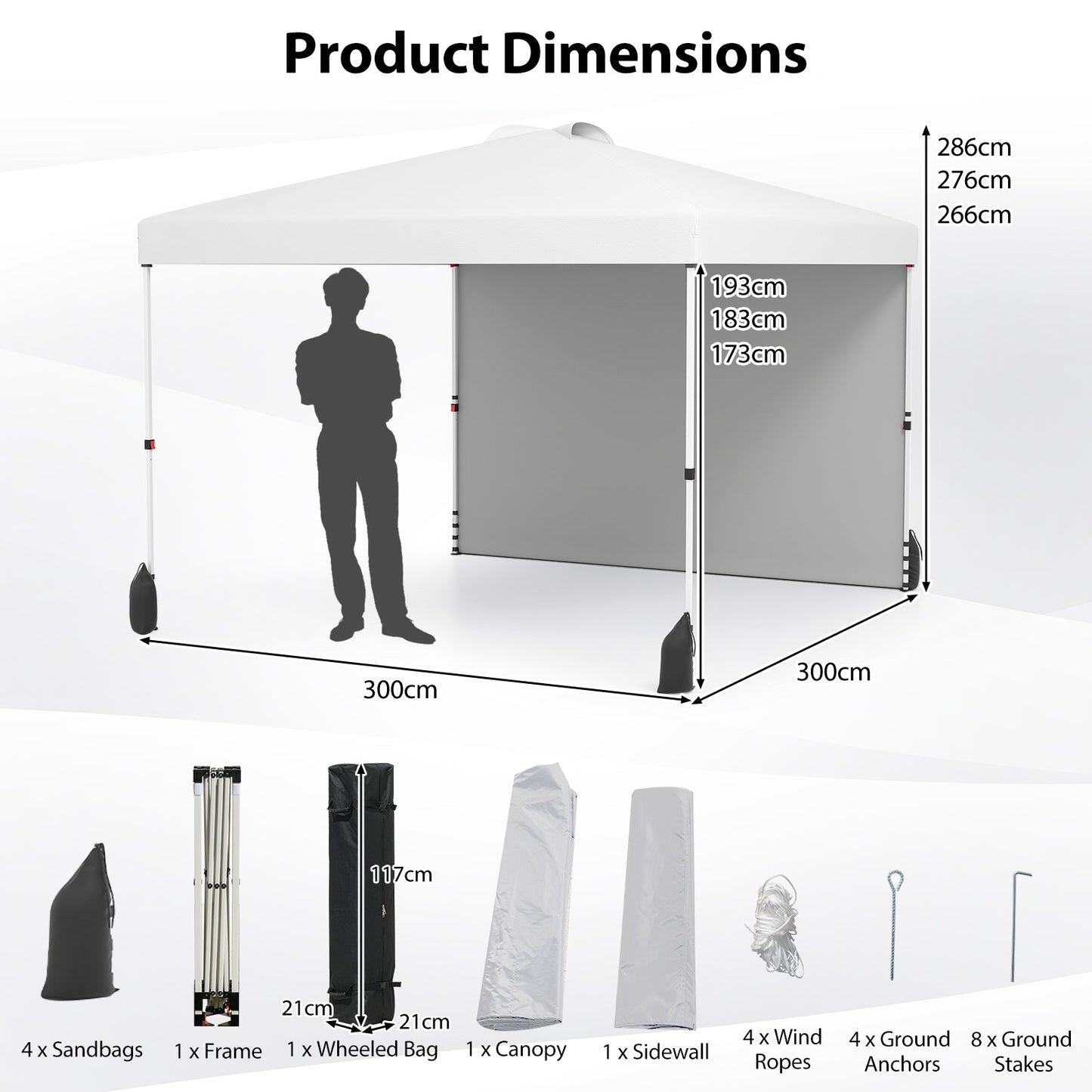 3 x 3 m Pop up Canopy Tent with 1 Sidewall Wheeled Bag-White