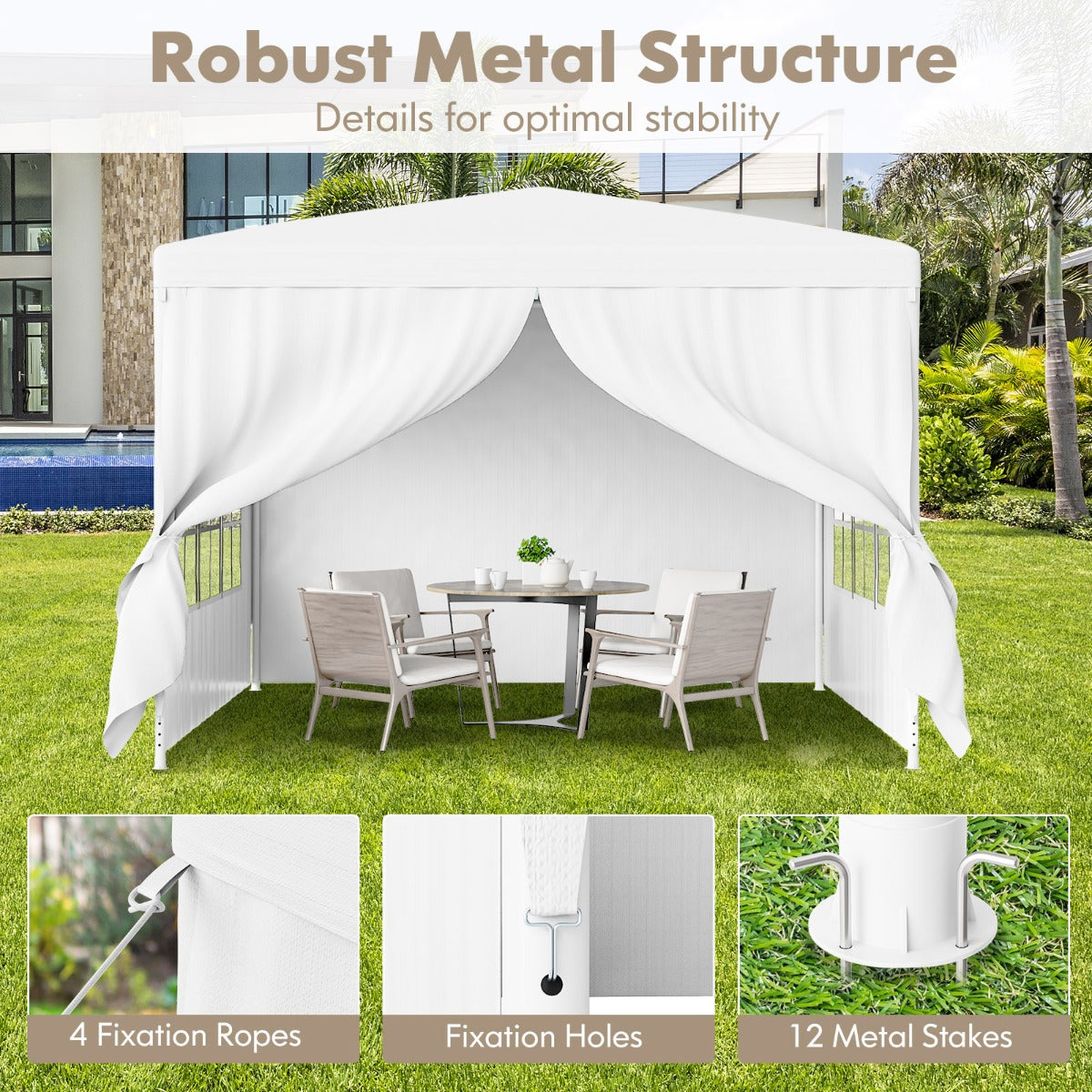 3x3m garden tent with 4 removable side walls & windows ideal for weddings