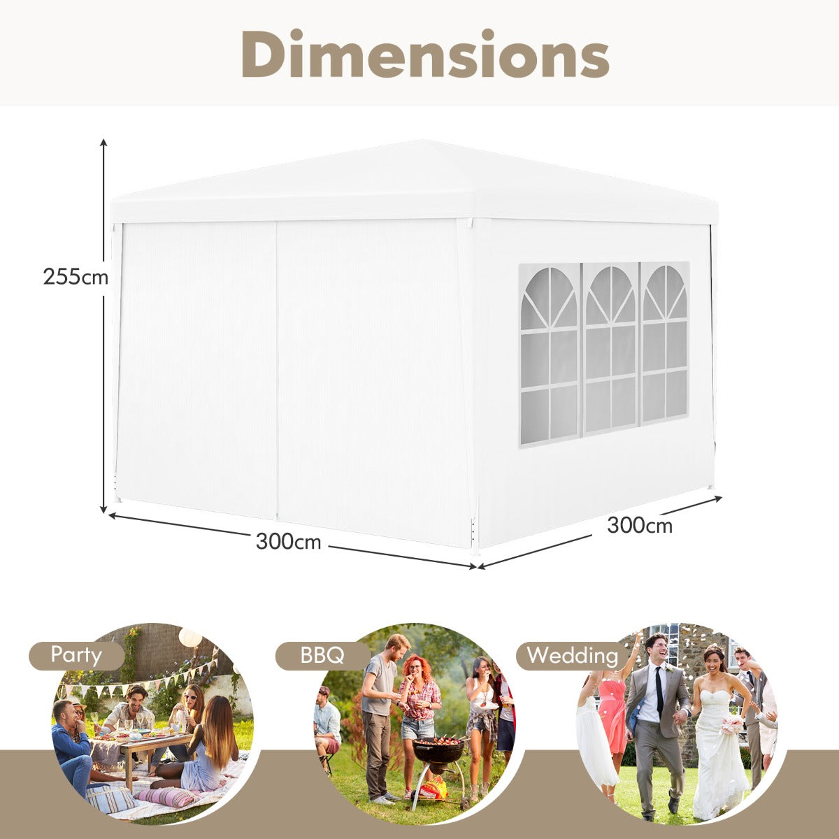 3x3m garden tent with 4 removable side walls & windows ideal for weddings