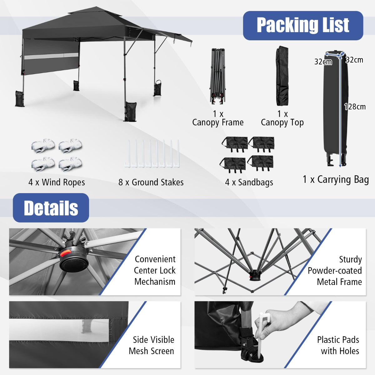 3 x 3m Rolling Pop up Gazebo with Adjustable Dual Awnings and Height-Black