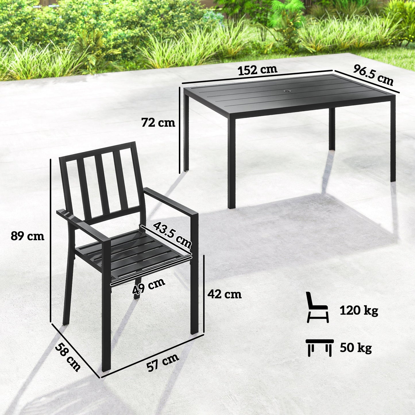 Outsunny Siedmioczęściowy minimalistyczny metalowy zestaw ogrodowy z otworem na parasol - czarny