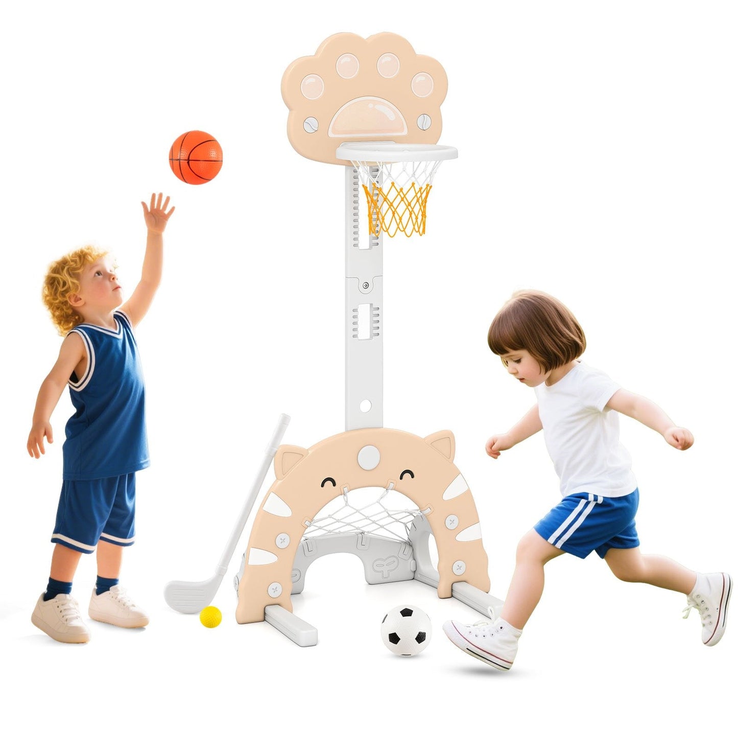 3-in-1 Kids Sports Center Adjustable Basketball Hoop with Soccer Game-Coffee