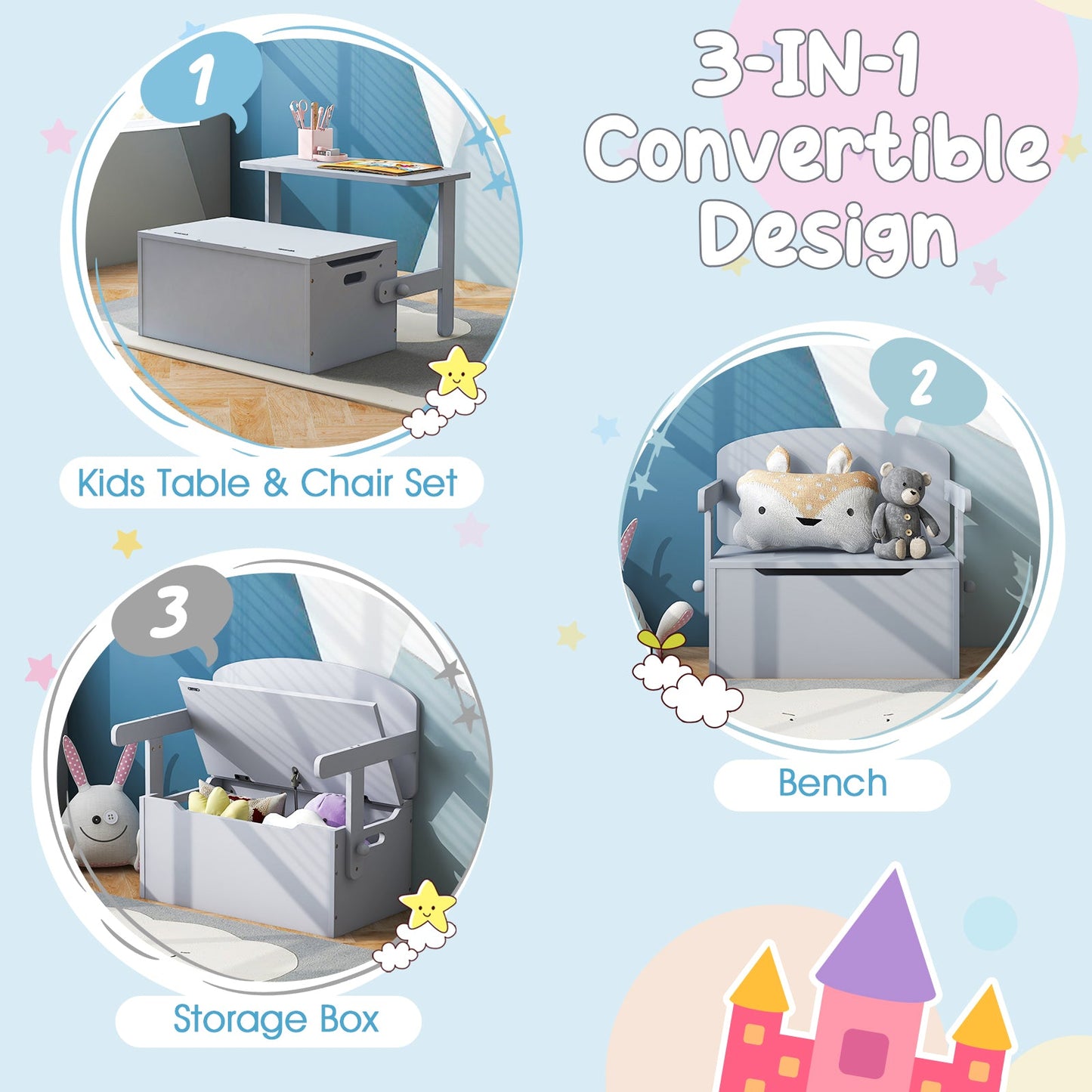 3-in-1 Kids Table and Chair Set with Toy Storage Box-Grey