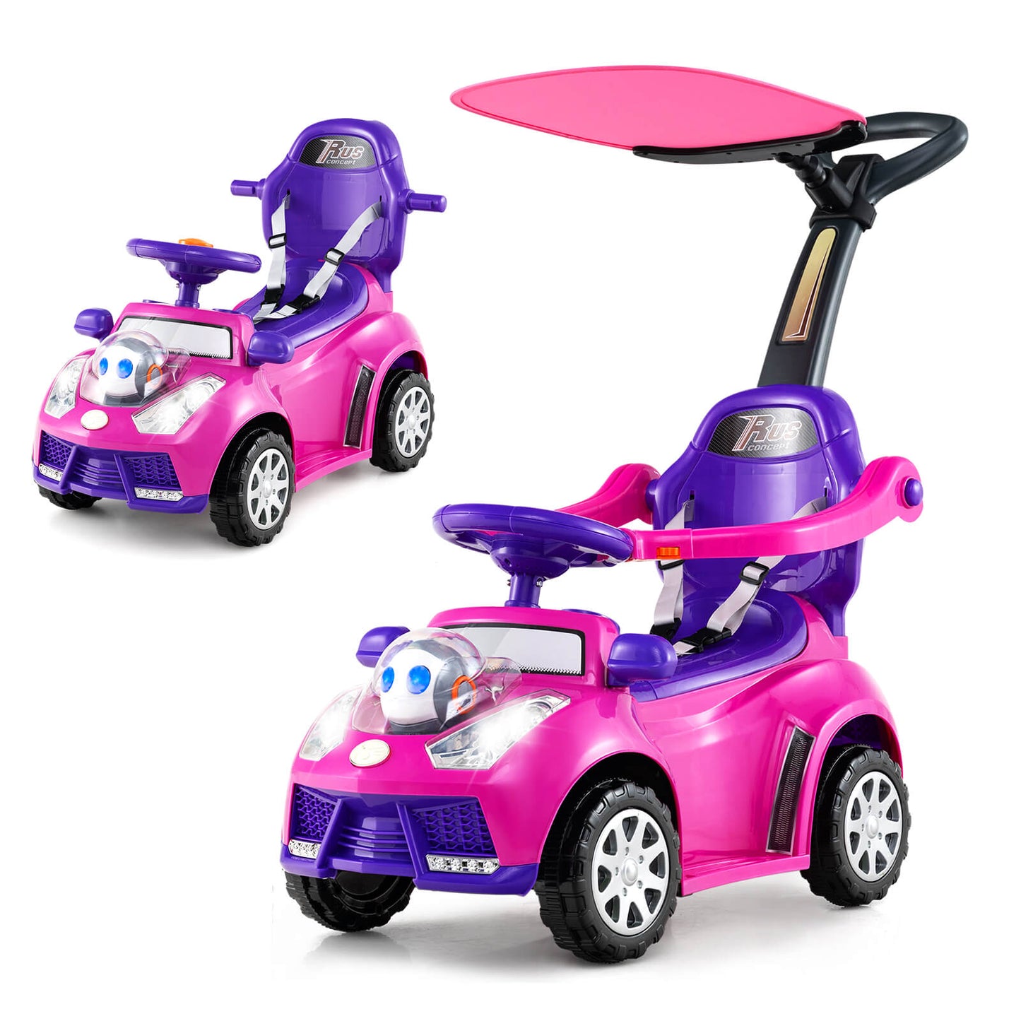 3-in-1 Push Car for Toddler Sliding Car with Seat Belt and Canopy-Pink