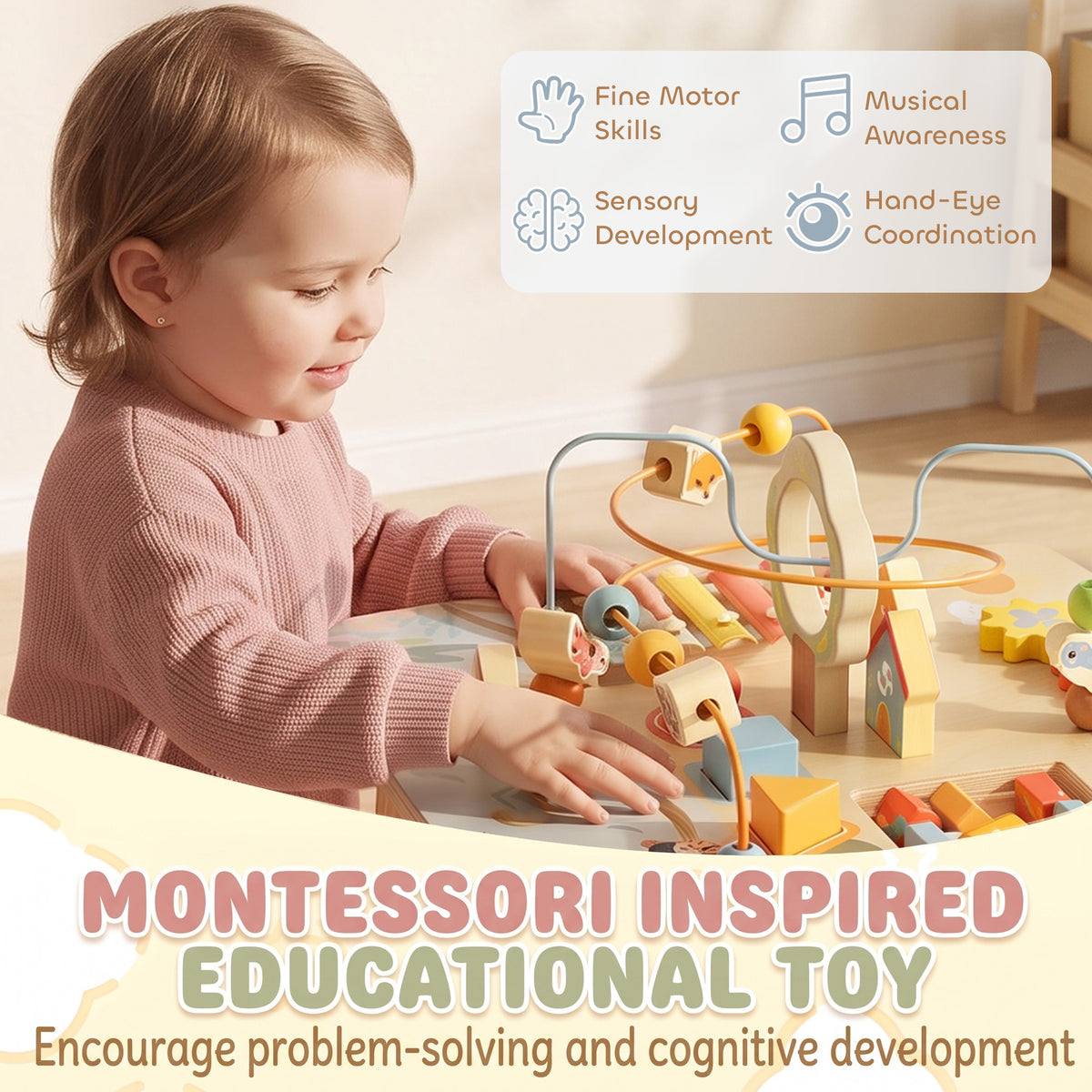 AIYAPLAY Wooden Baby Activity Table, 6 In 1 Montessori Learning Table with Bead Maze, Shape Sorter and Xylophone for 18M-3Y