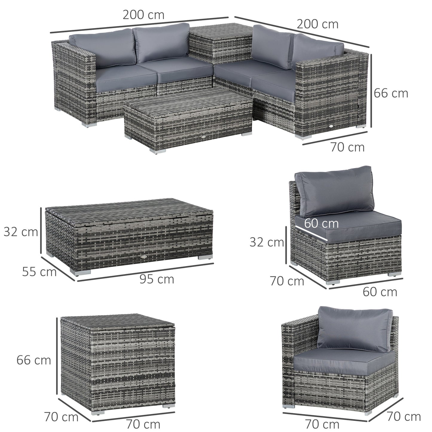 Outsunny 6PC Rattan Narożny Zestaw Sofa Wiklina 4 Miejsca Ogród Schowek Stolik Kawowy Konwersacja Ottoman Meble Zewnętrzne Tkane z Poduszką Szary