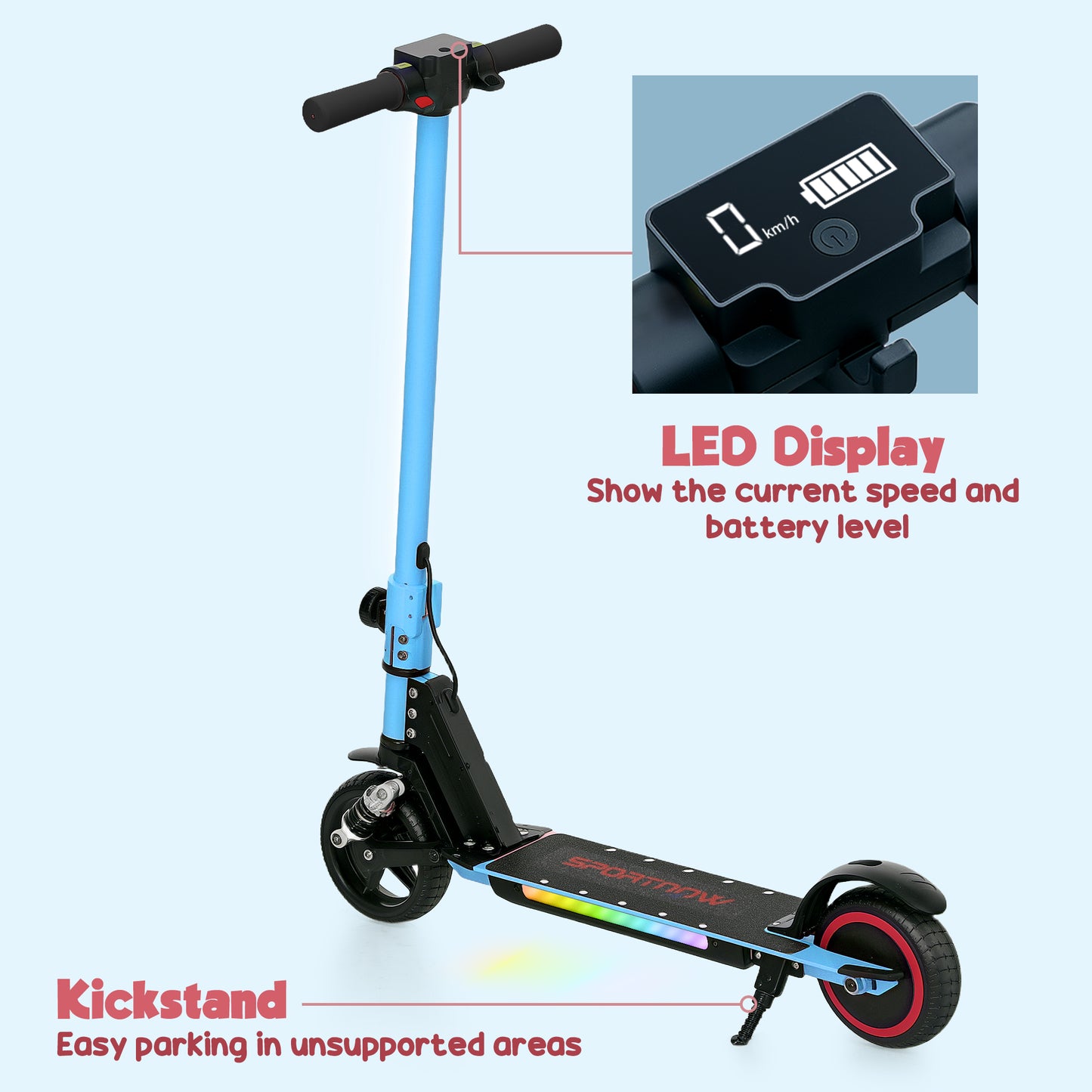 SPORTNOW Folding Electric Scooter for Kids, with Dual Brakes, Front Suspension, LED Colourful Lights, Blue