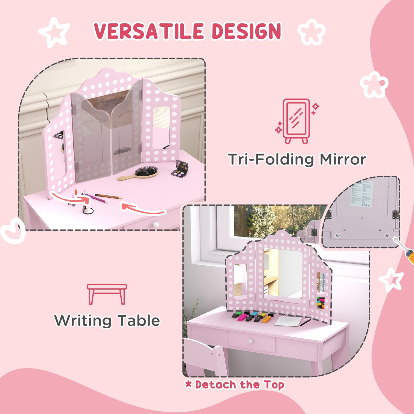 AIYAPLAY Kids Dressing Table Sets with Stool and Tri-Fold Mirror, Drawer for Playroom, Bedroom - Pink