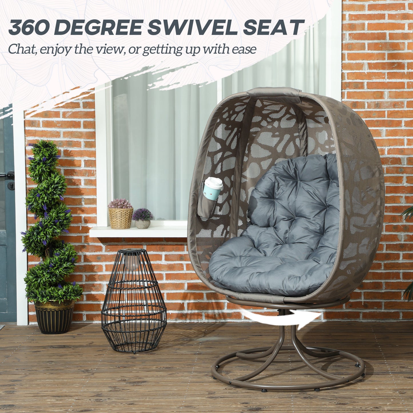 Outsunny Obrotowy fotel Egg z poduszkami, składane siedzisko koszowe i metalowa rama, fotel wypoczynkowy do wewnątrz i na zewnątrz na balkon, patio i do salonu, szary