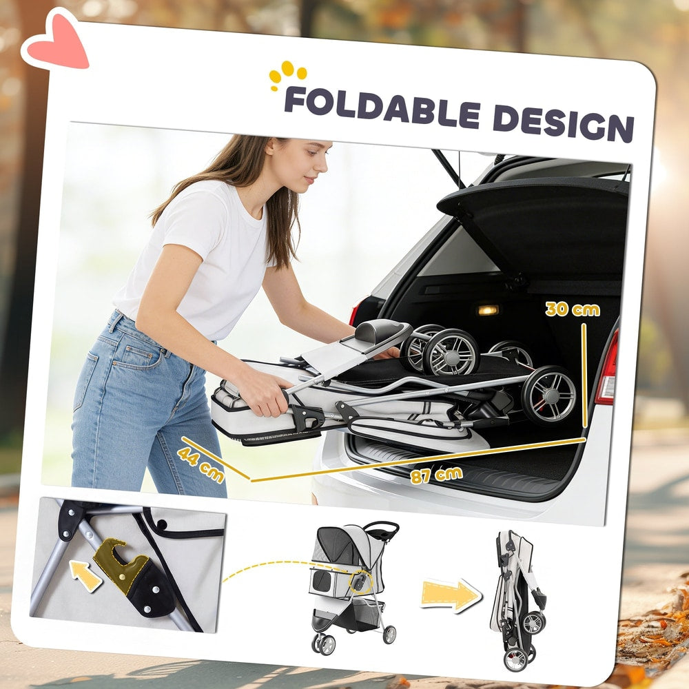 PawHut Dog Stroller, 3 Wheels Foldable Pet Stroller with Adjustable Canopy, Storage Basket for Small Mini Breeds, Grey