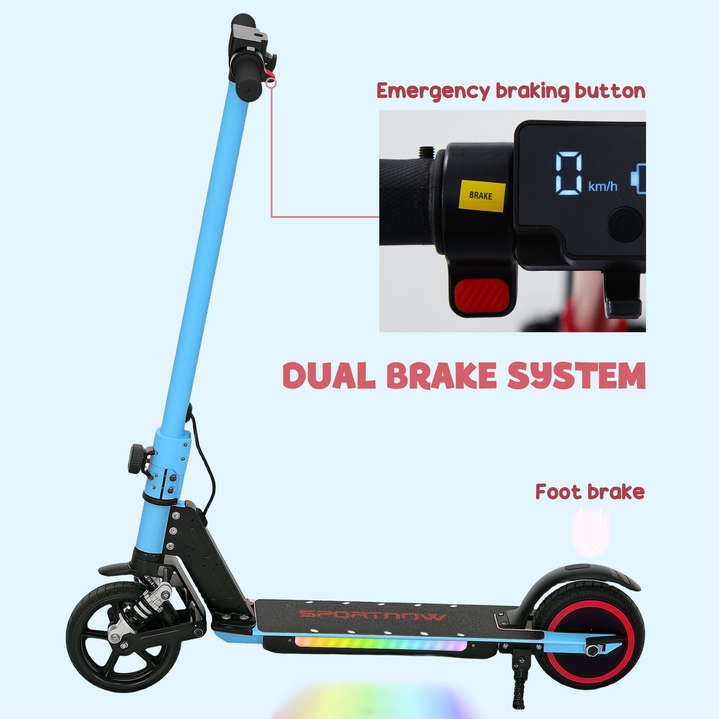 SPORTNOW Folding Electric Scooter for Kids, with Dual Brakes, Front Suspension, LED Colourful Lights, Blue