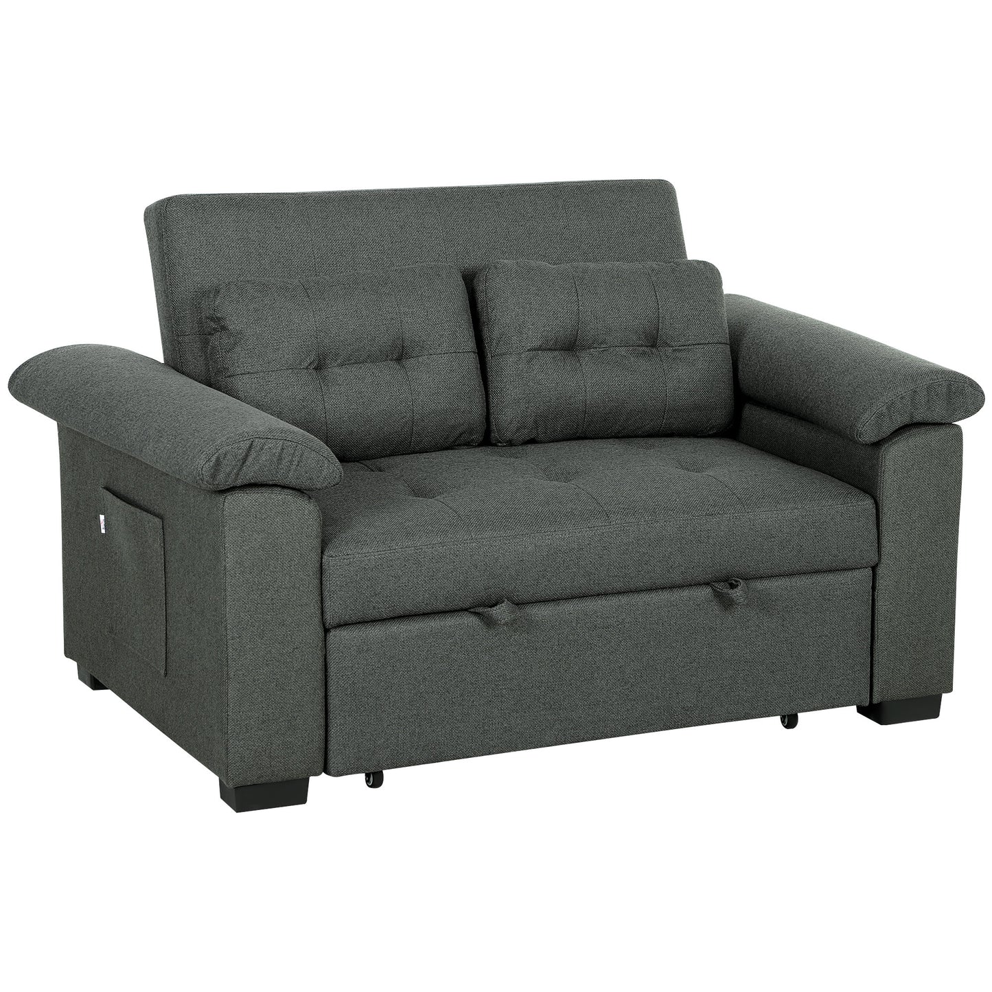HOMCOM Pull Out Sofa Bed, Fabric 2 Seater Click Clack Sofa Bed Settee with 2 Pocket Springs, Convertible Sofa Couch with Pillows and Side Pockets for Living Room, Home Office, Charcoal Grey