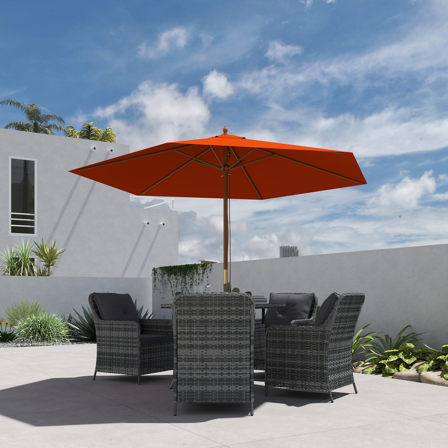 Outsunny 2,5 m Drewniany Parasol Ogrodowy Patio Zewnętrzny Drewniany Baldachim Parasola, Stołowy Parasol Rynkowy z Otworami, Słup 38 mm, Mechanizm Linowy, Pomarańczowy