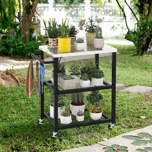 3-tier Outdoor Grill Cart on Wheels with Stainless Steel Top and Handle-Black