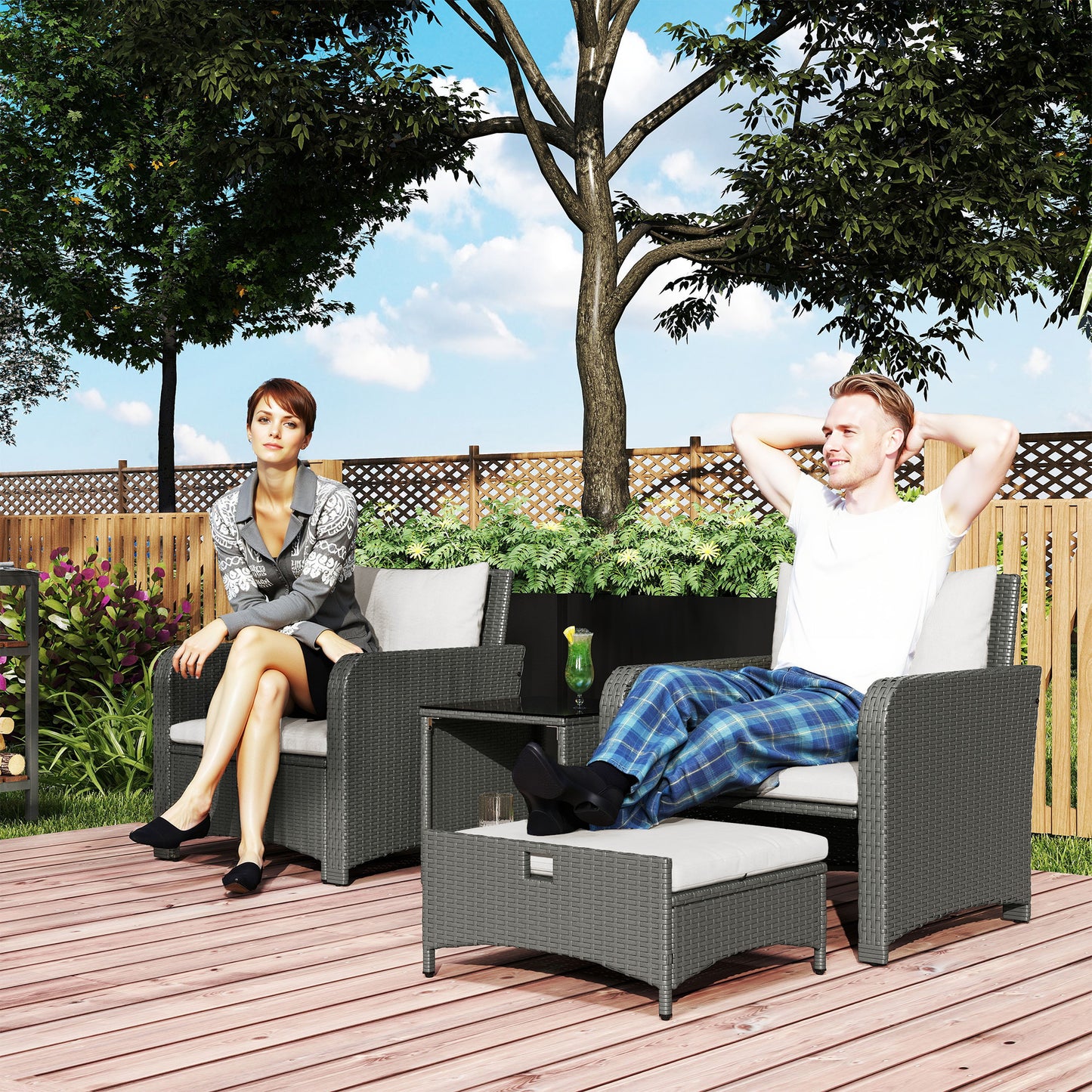 Zestaw mebli ogrodowych Outsunny Five Piece Rattan z 2-poziomowym stolikiem kawowym i pufami - kremowo-biały