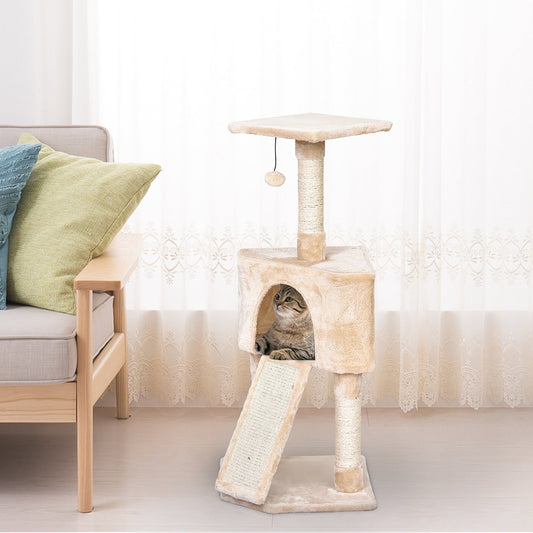 PawHut Corner Cat Tree for Indoor Cats, Kitten Tower with Scratching Post House Ladder Toy - Beige