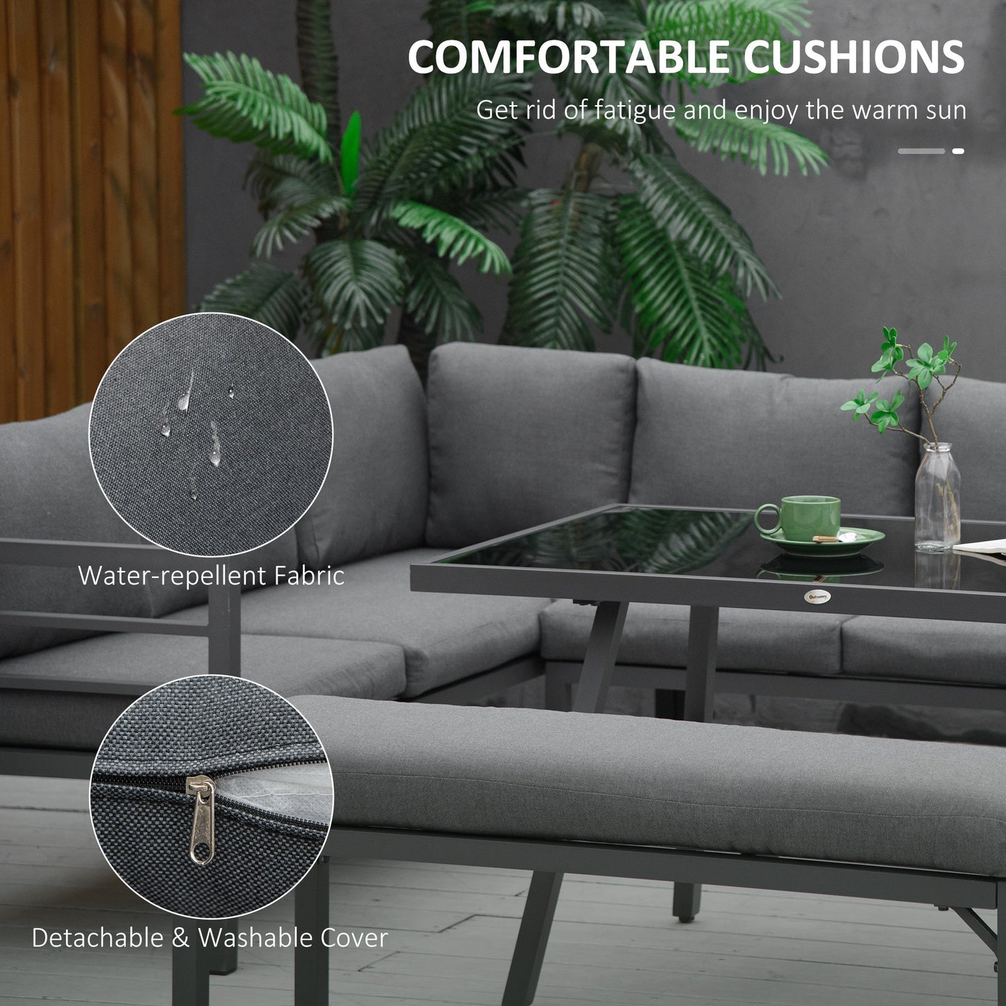 Outsunny 4 Piece L-shaped Garden Furniture Set 8-Seater Aluminium Outdoor Dining Set Conversation Sofa Set w/ Bench, Dining Table & Cushions, Grey