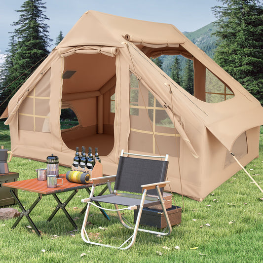 4-6 People Inflatable Tent with 4 Mesh Screen Windows and 2 Doors-Beige