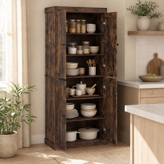 4-Door Modern Freestanding Storage Organizer with 2 Adjustable Shelves-Rustic Brown