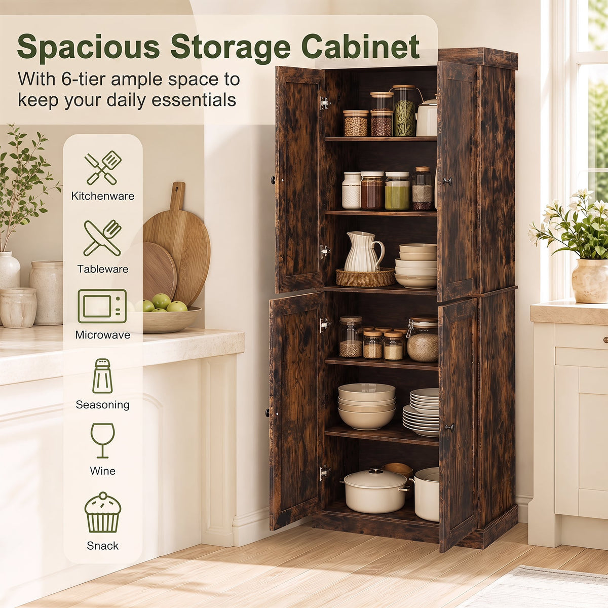 4-Door Modern Freestanding Storage Organizer with 2 Adjustable Shelves in Rustic Brown, image 7