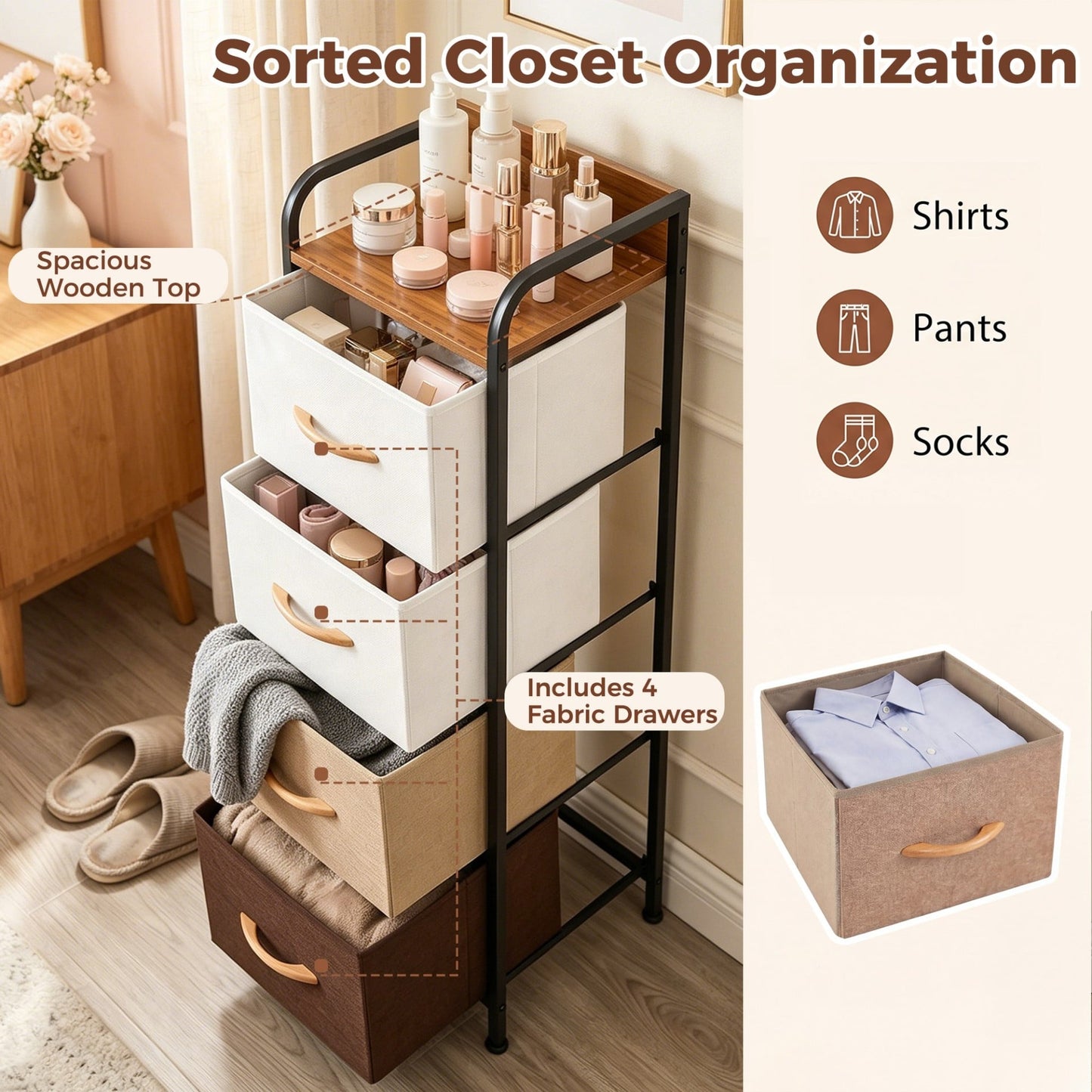 4-Drawer Dresser with Removable Fabric Bins and Top Shelf Narrow for Bedroom-Multicolor