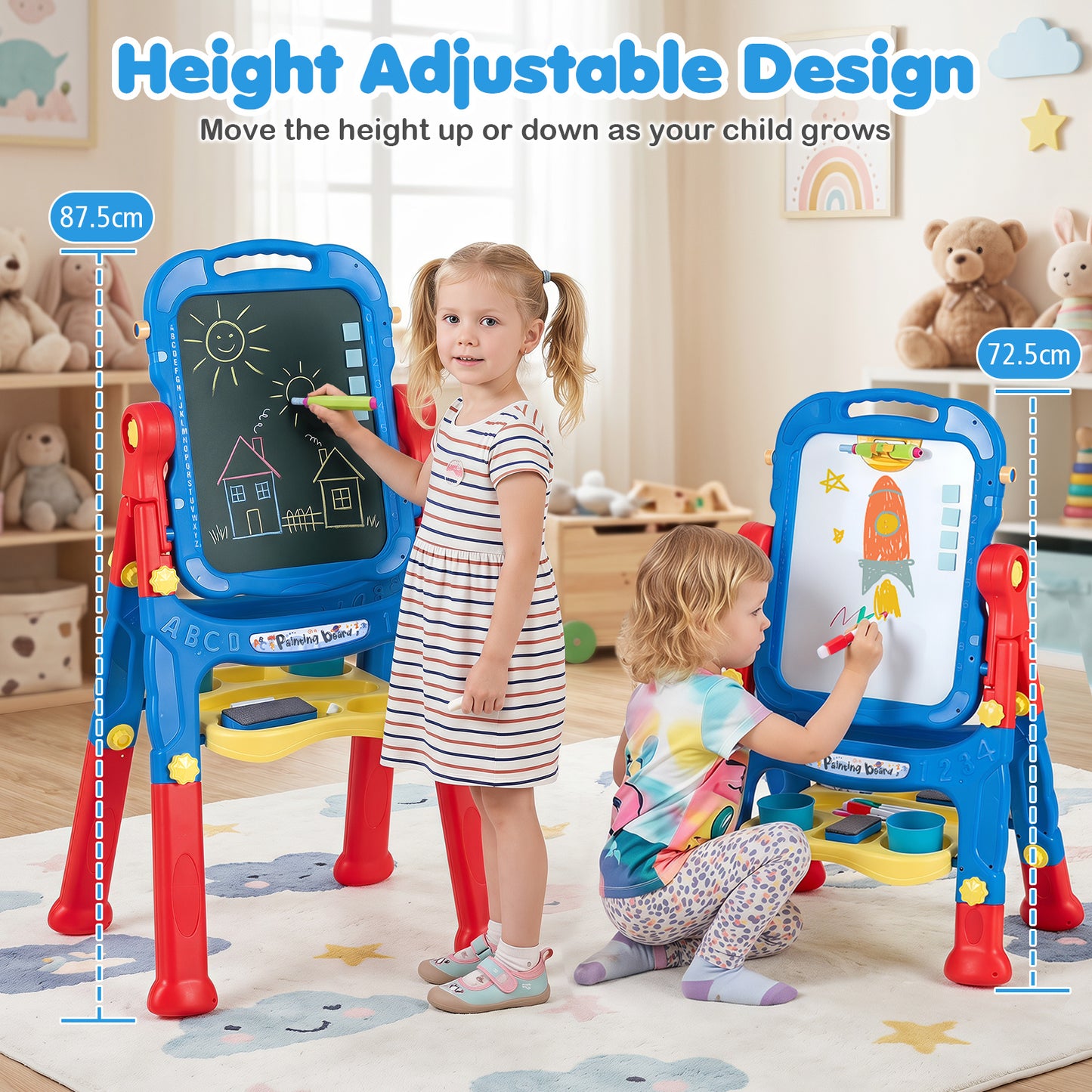4-In-1 Double Side Easel for Toddler with Magnetic Chalkboard-Blue