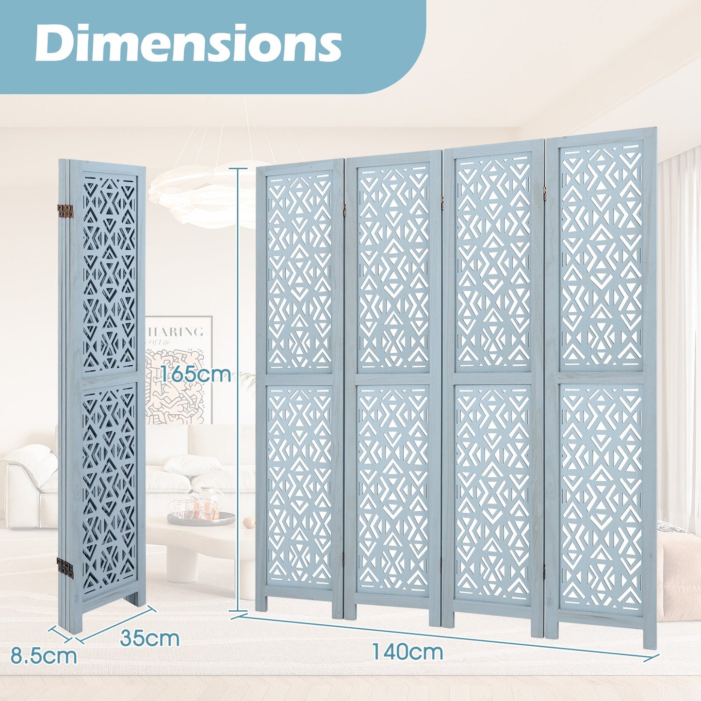 165cm 4-Panel Wooden Room Divider with Carved Cutout Pattern and Solid Wood Frame-4-Panel