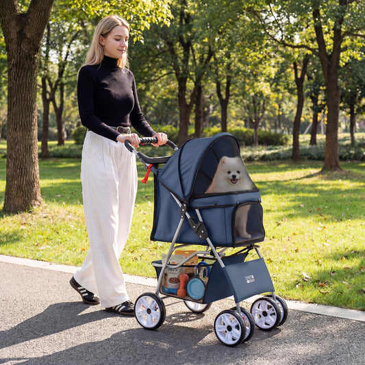 4-Wheel Pet Foldable Stroller with Breathable Mesh for Small Dogs Cats up to 15 KG-Blue