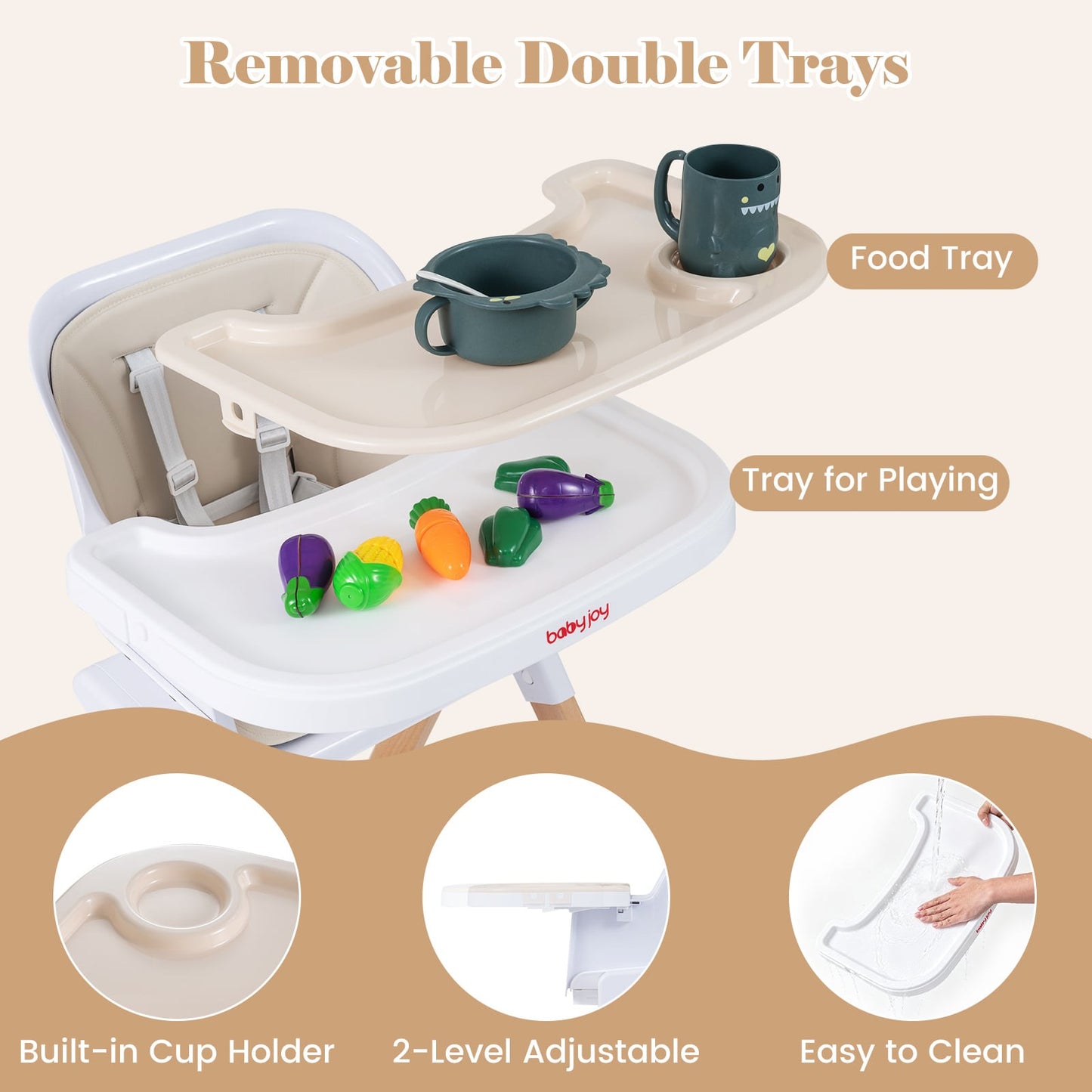 4-in-1 Convertible Baby High Chair with Detachable and Adjustable Tray-Beige