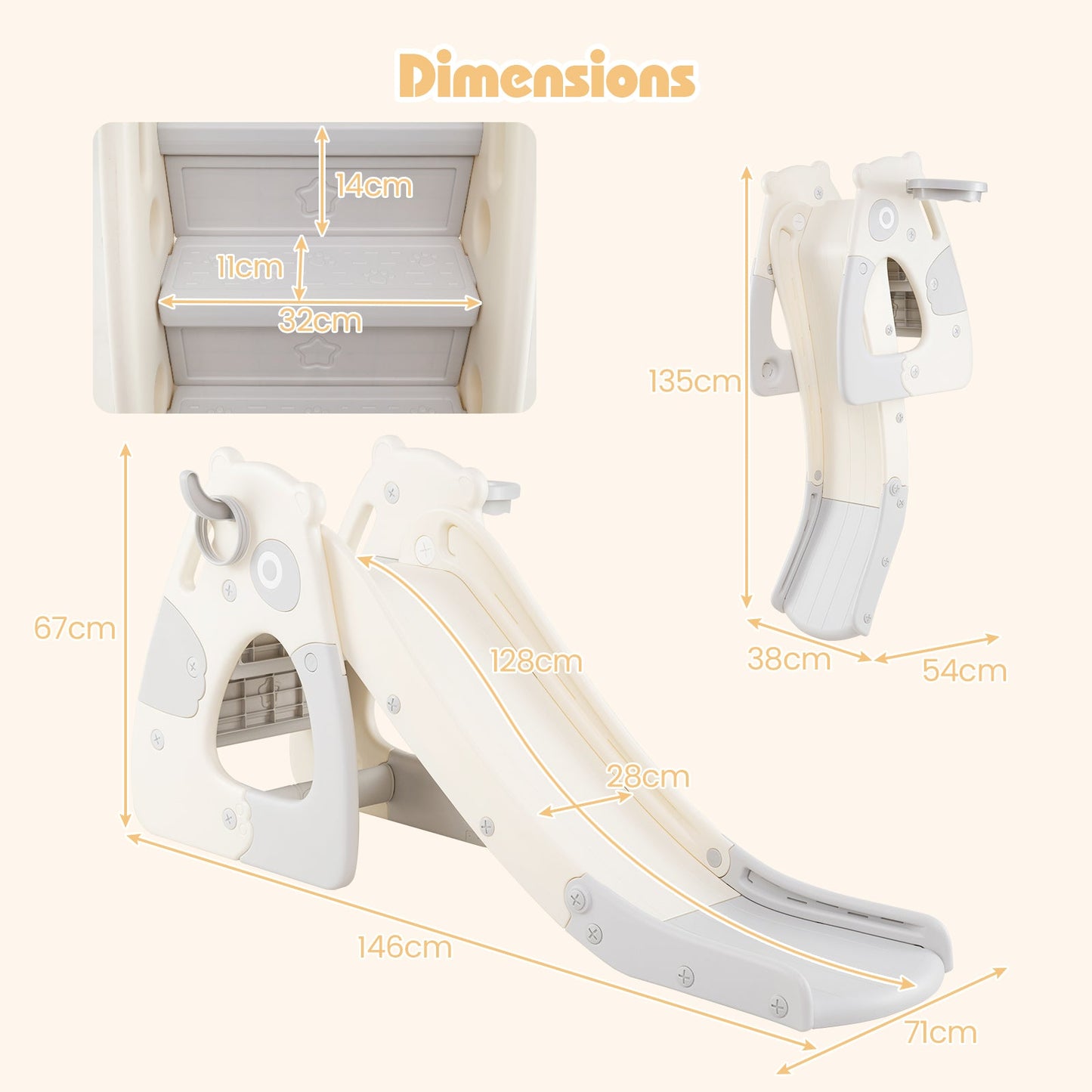 Foldable Toddler Slide with Basketball Hoop and Ball-Grey