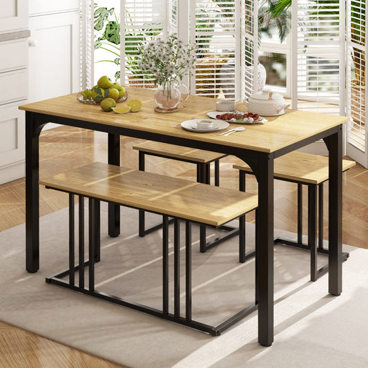4-Piece Dining Table Set with Bench and 2 Stools for 4 Persons-Natural