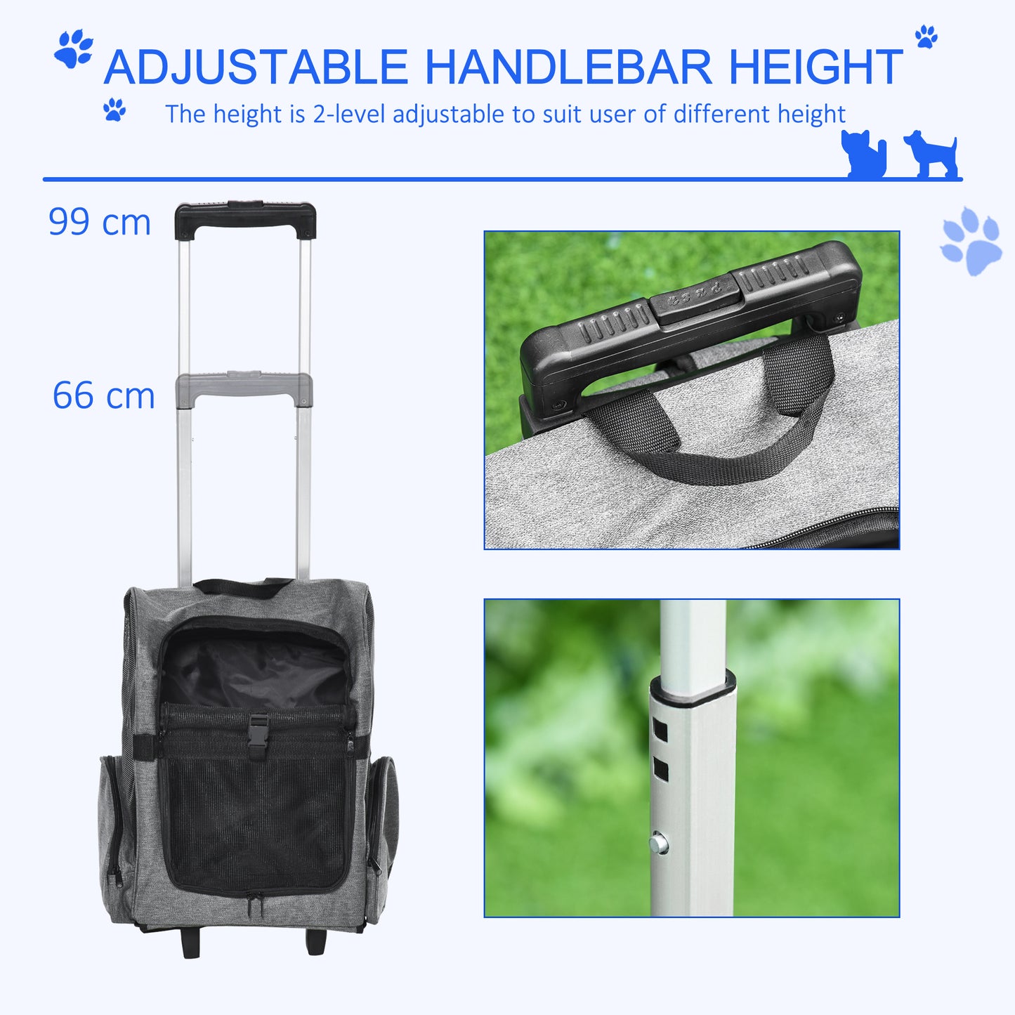 PawHut Pet Travel Backpack Bag Cat Puppy Dog Carrier w/ Trolley and Telescopic Handle Portable Stroller Wheel Luggage Bag (szary)