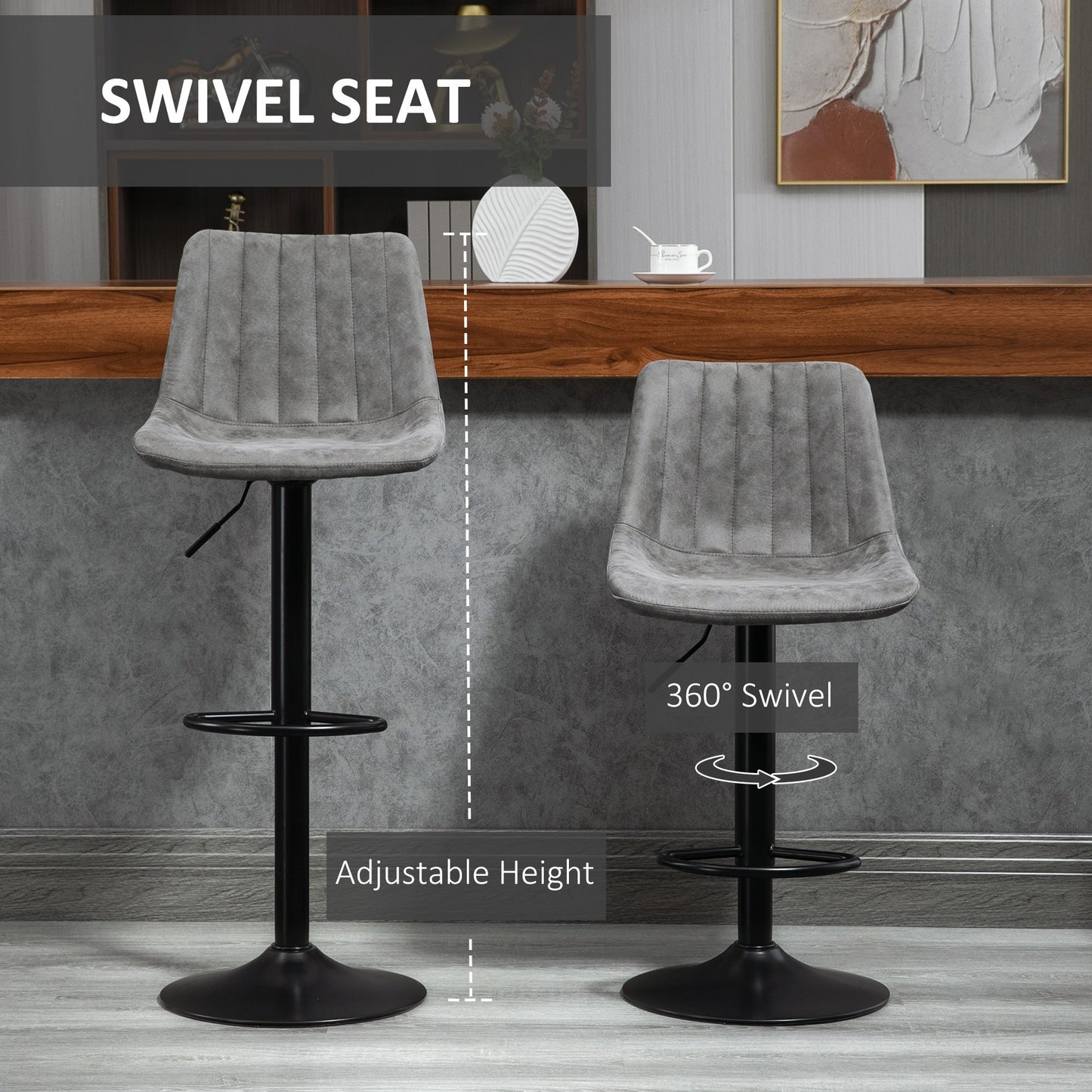 HOMCOM Adjustable Bar Stools Set of 2 Counter Height Barstools Dining Chairs 360¡ Swivel with Footrest for Home Pub, Grey