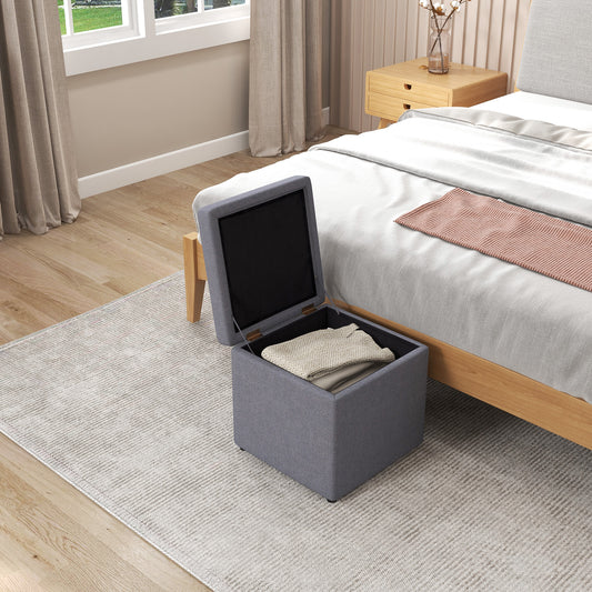 40 cm Square Storage Ottoman Linen Fabric Footstool with Lid-Grey