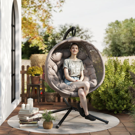Outsunny Round Egg Basket Chair, with Steel Stand, Sand