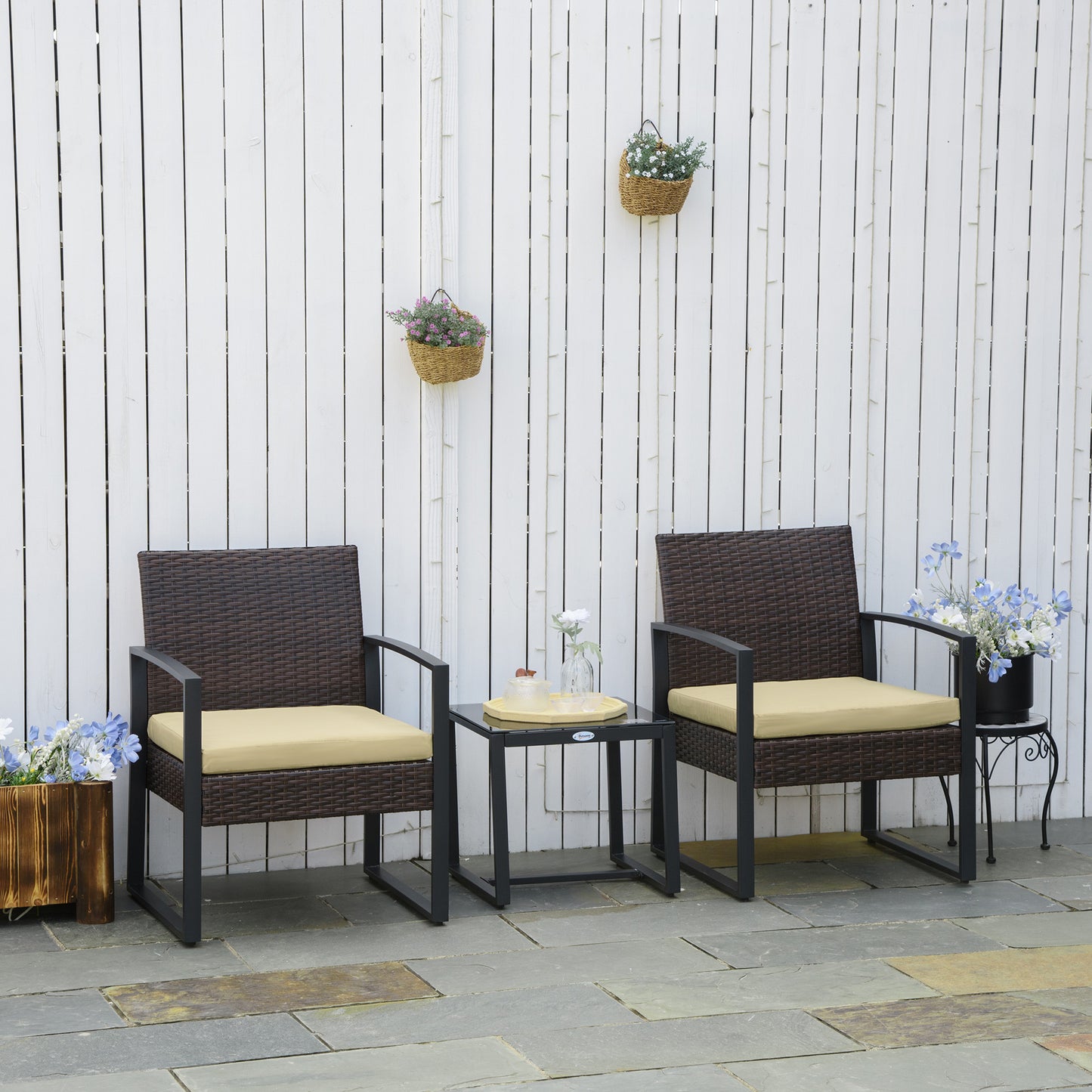 Outsunny 3 szt. PE Rattan Wiklina Meble ogrodowe Patio Bistro Zestaw Weave Conservatory Sofa Stolik kawowy i krzesła Zestaw beżowy