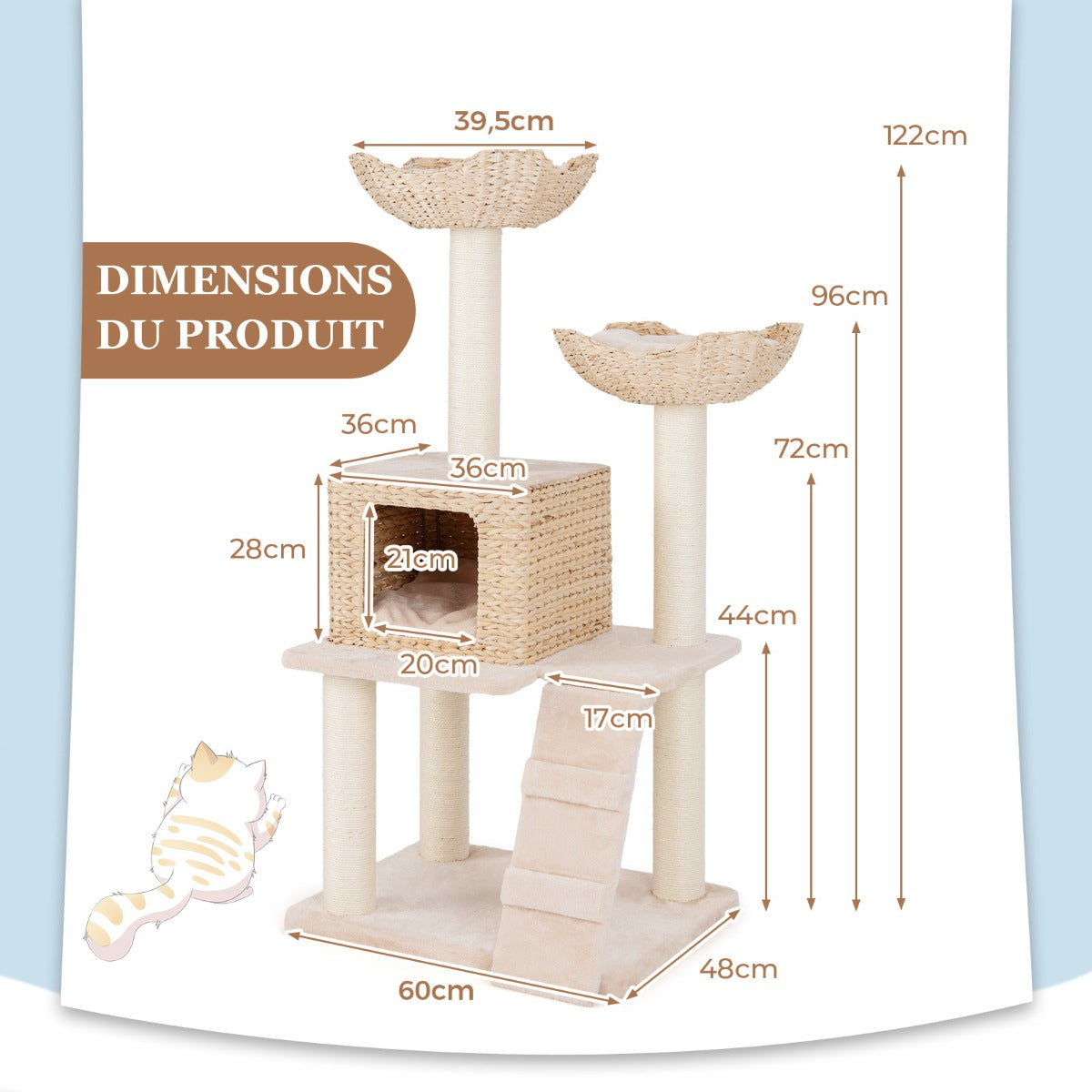 122cm Cattail Cat Tower with Sisal Scratching Posts Perch Condo-Beige