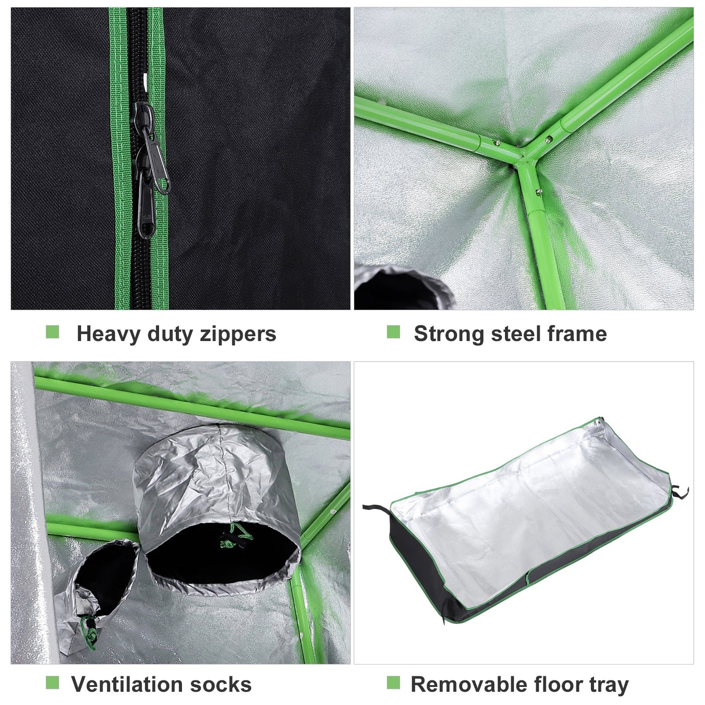 Outsunny Grow Tent odblaskowy Mylar Hydroponiczny z regulowanymi otworami wentylacyjnymi i tacką podłogową do uprawy roślin w pomieszczeniach, 80 x 80 x 160 cm (31,5" x 31,5" x 63")