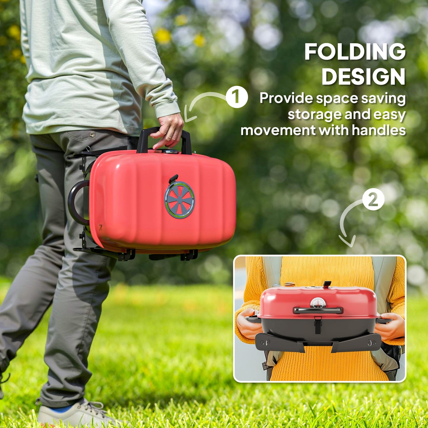 Outsunny Charcoal Barbecue Grill Folding BBQ Grill with 1232 cm² Cooking Area, Adjustable Vent, Thermometer, Handles for Camping Picnic, Red