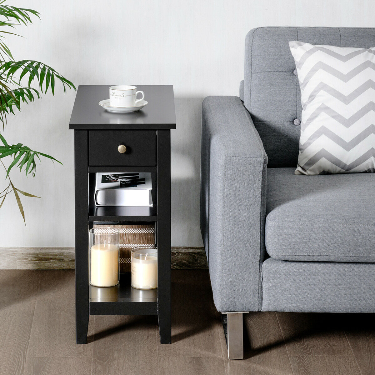 3-Tier End Table with Drawer-Black