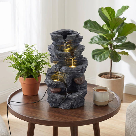 45.5 cm Outdoor Water Fountain with LED Lights and 5-Tier Tabletop Cascading Rock Waterfall Feature
