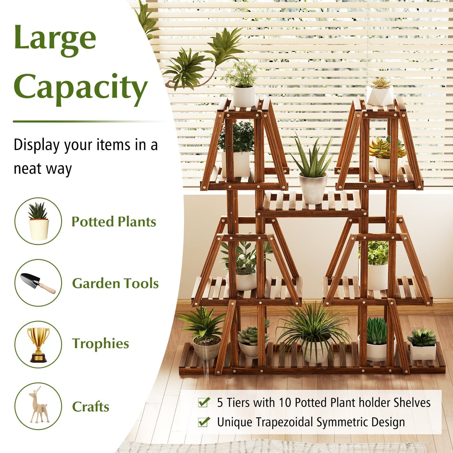 114 cm Tall Wood Plant Stand 5-Tier 10 Potted Plant Holder Rack