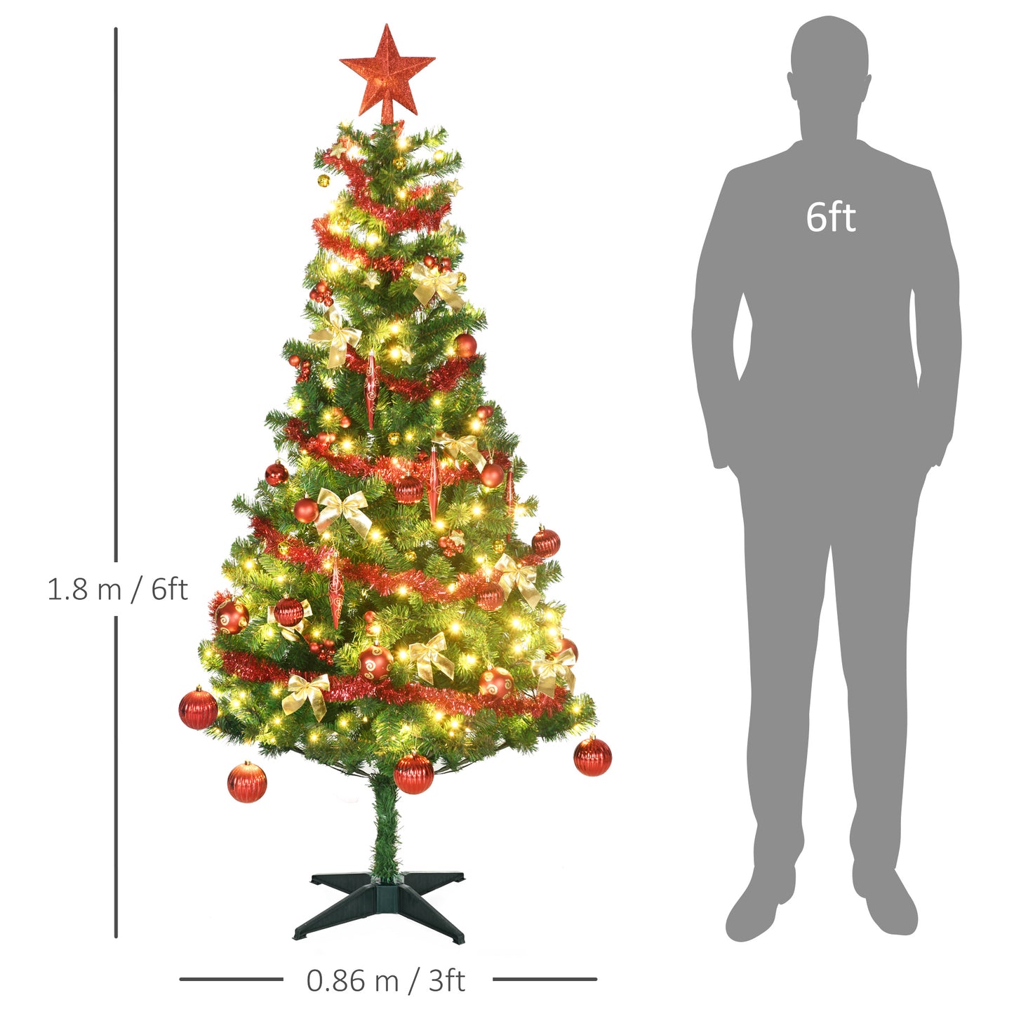 HOMCOM 6' Artificial Prelit Christmas Trees Holiday Décor with Warm White LED Lights, Auto Open, Tinsel, Ball, Star