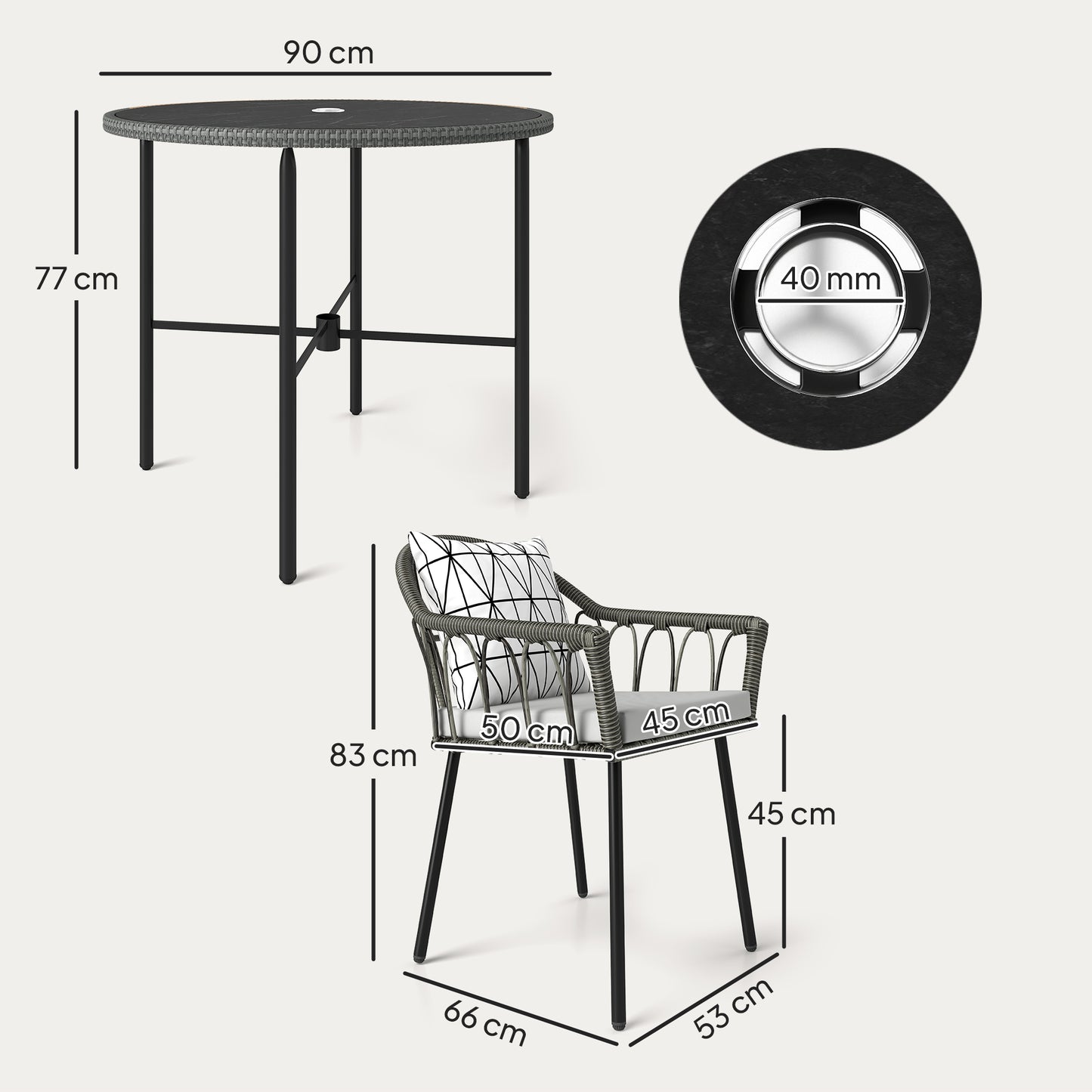 Outsunny 5 Piece Patio Rattan Dining Set, Wicker Garden Table and Chairs w/ Removable Seat & Back Cushions, Round Tempered Glass Tabletop, Parasol Hole, Outdoor Furniture Conservatory Set, Grey