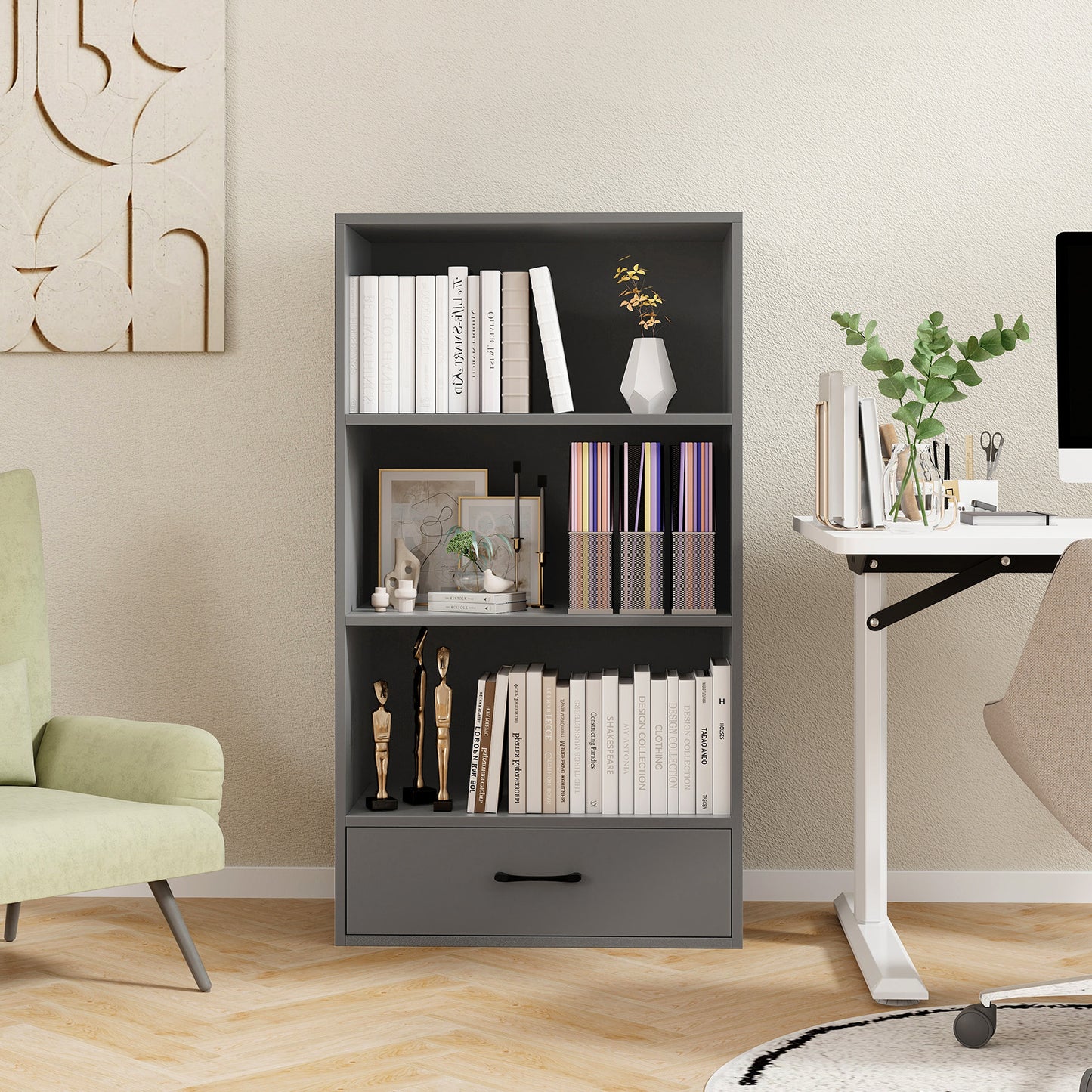 48 Inch Tall 4 Tiers Wood Bookcase with Drawer-Gray