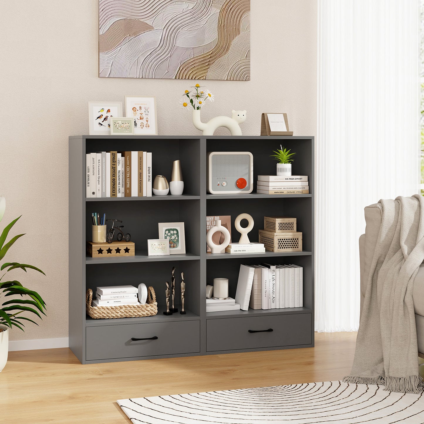 48 Inch Tall 4 Tiers Wood Bookcase with Drawer-Gray