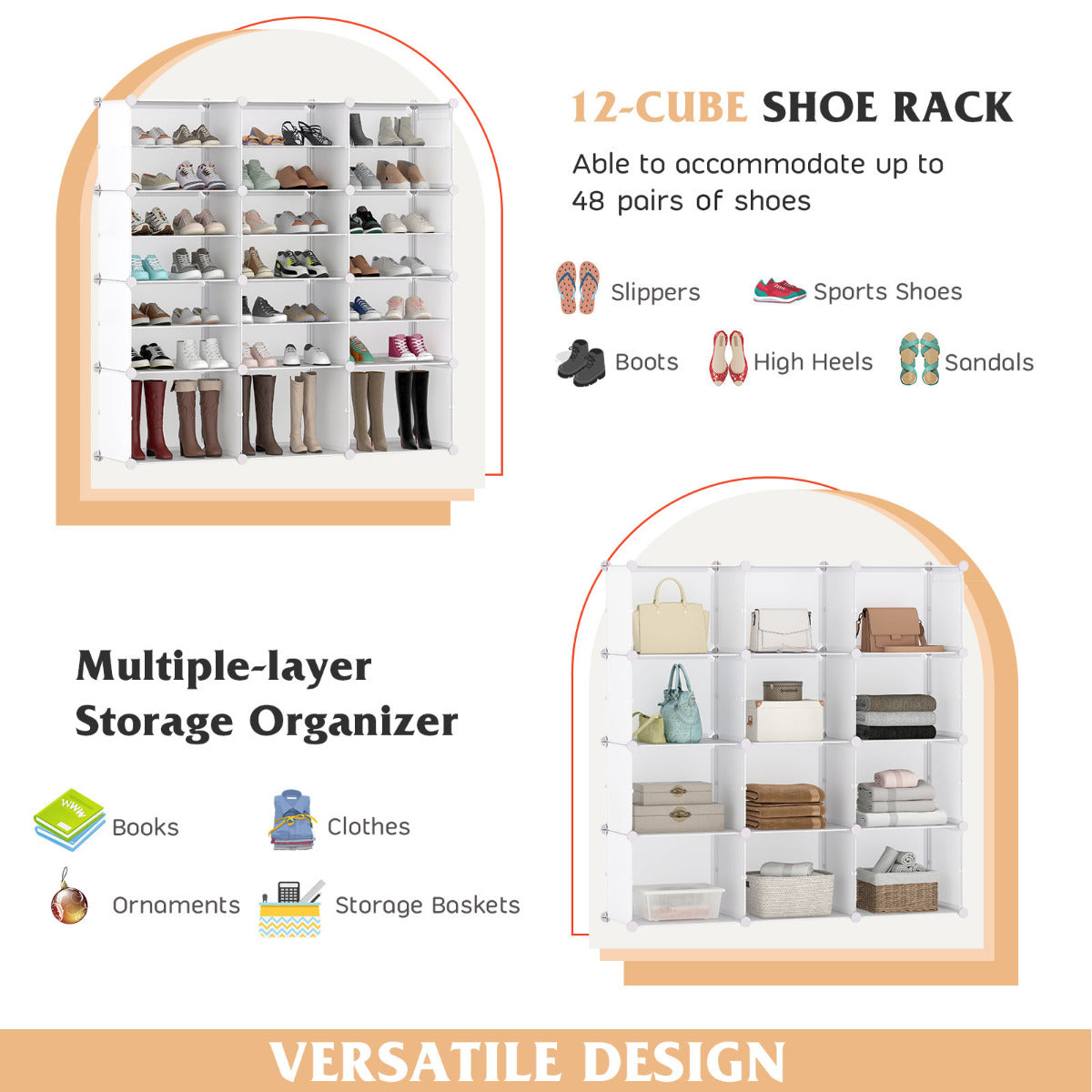 48 Pairs Expandable Modular Shoe Storage Cabinet with Door-White