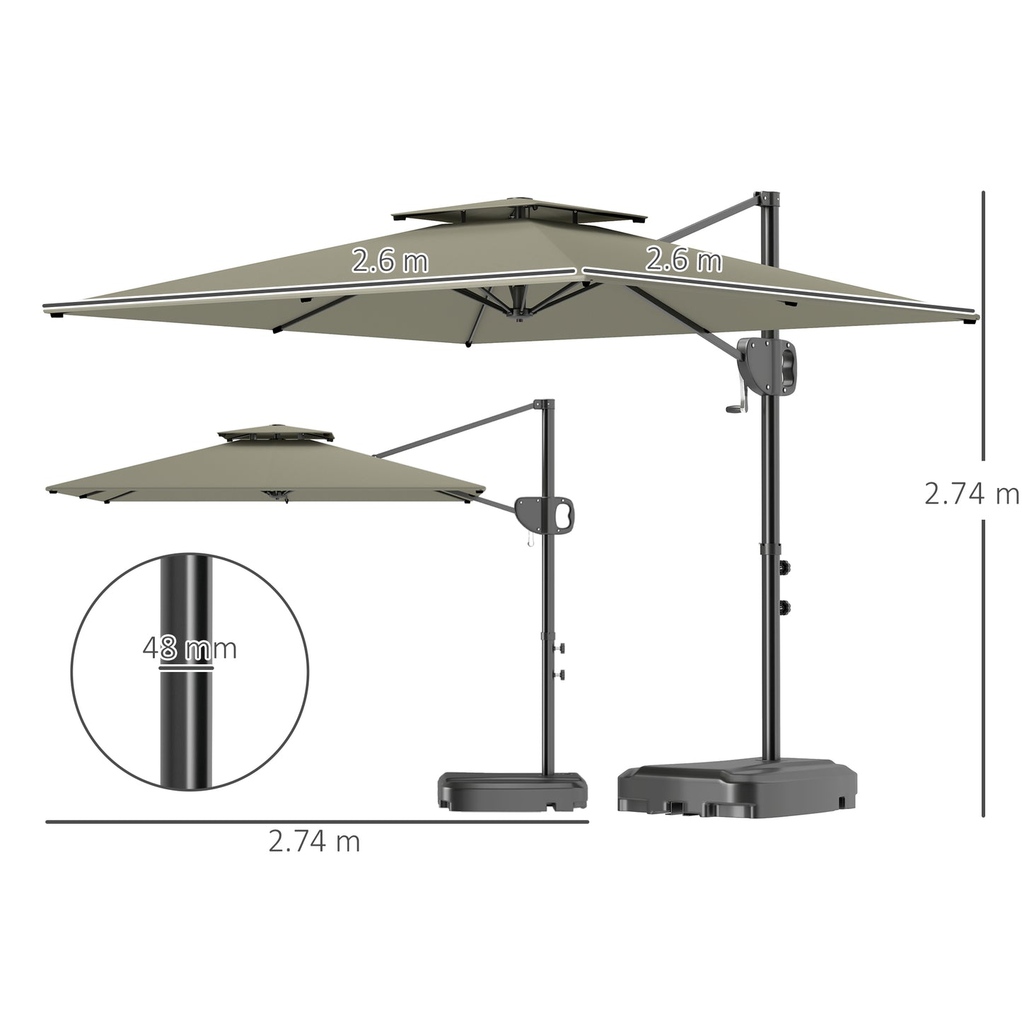 Outsunny Cantilever Parasol with Weighted Base Double Top Garden Parasol Square Hanging Patio Umbrella with Crank Tilt Light Grey