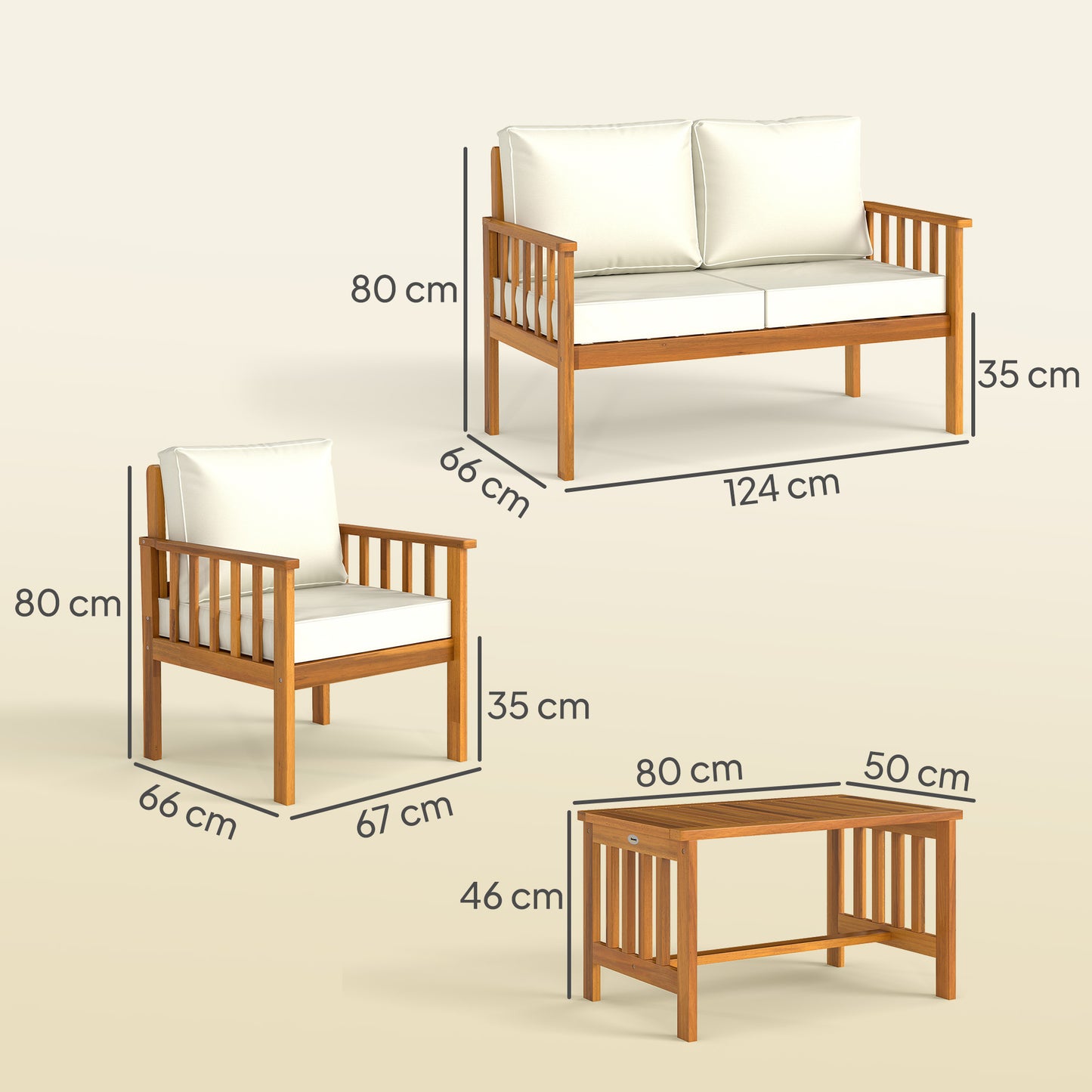 Outsunny Czteroczęściowy zestaw wypoczynkowy ogrodowy z drewna akacjowego - Teak/krem